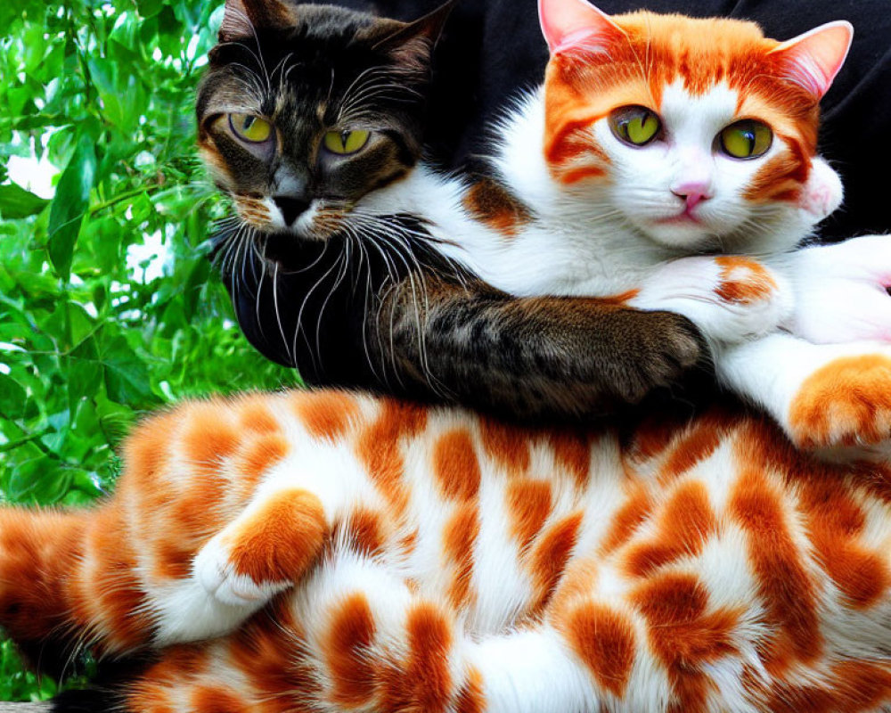 Vividly patterned black and white cat cuddles with orange tabby cat