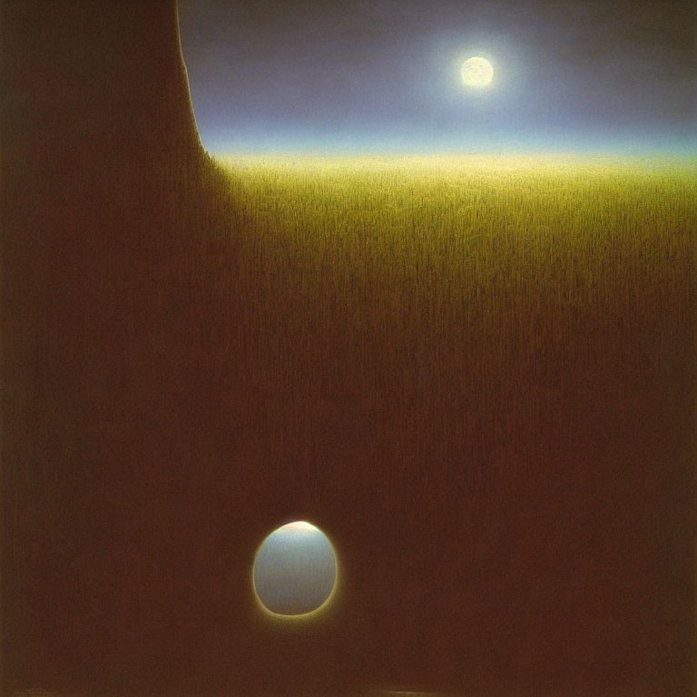 Surreal painting of oversized moon in amber sky over grassy terrain