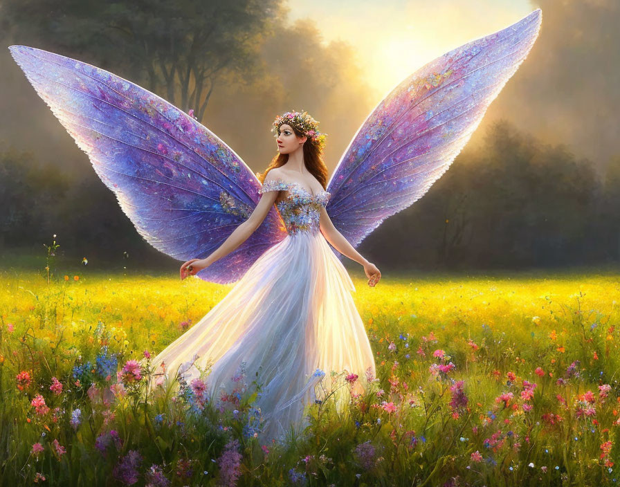 Woman with Iridescent Fairy Wings in Sunlit Wildflower Field