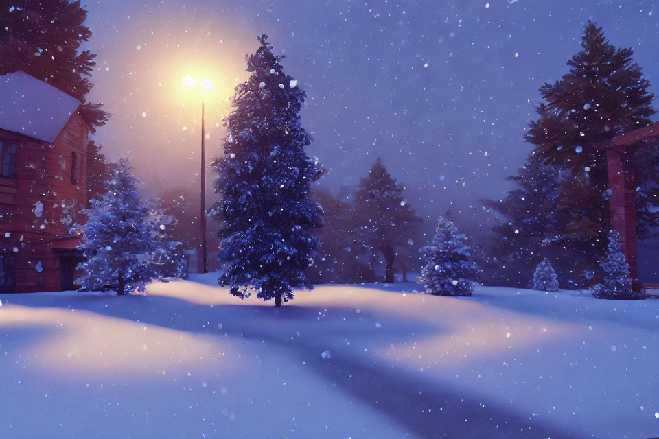 Snow-covered winter scene at dusk with streetlight illuminating snowfall, trees, and cozy house.