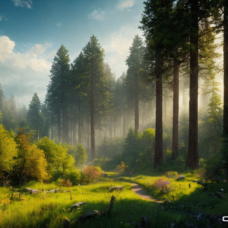 Tranquil forest scene with towering trees and wildflowers