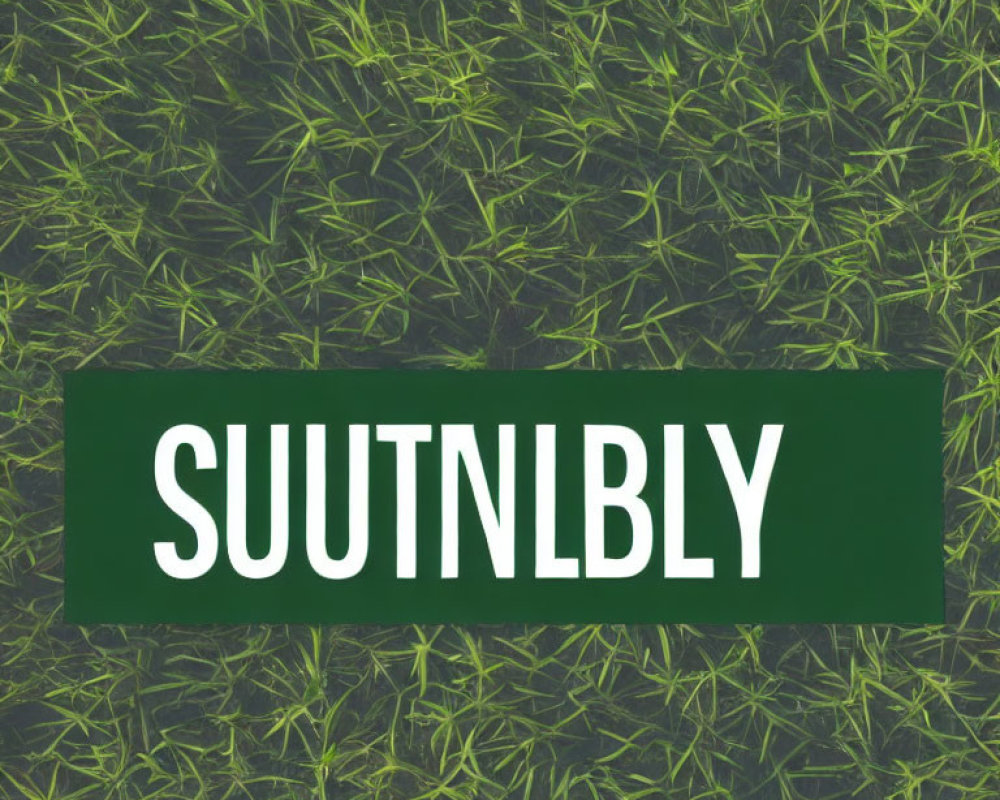 Green Sign with "SUUTNLBLY" on Dense Grass Background