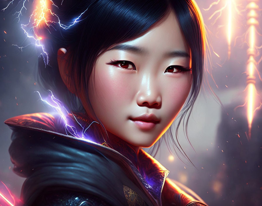 Digital portrait of woman with lightning effects for a dramatic, fantasy aesthetic