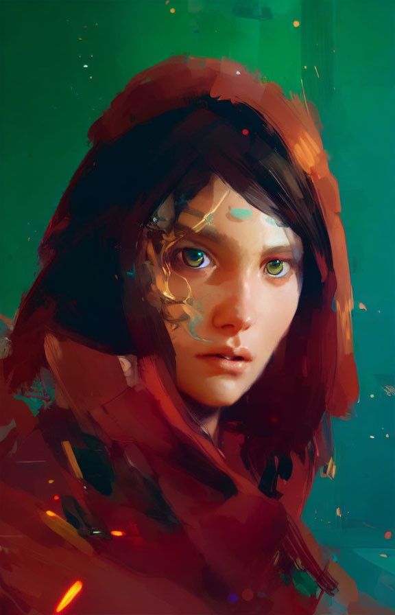 Young Female with Red Hood and Green Eyes in Digital Painting