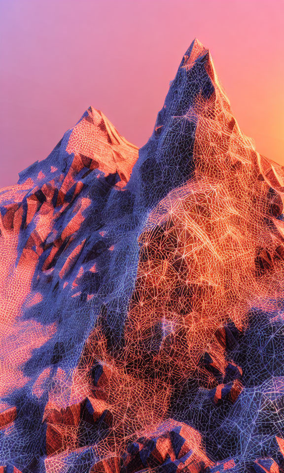 Mountain landscape digital artwork with wireframe textures under pink and orange sky