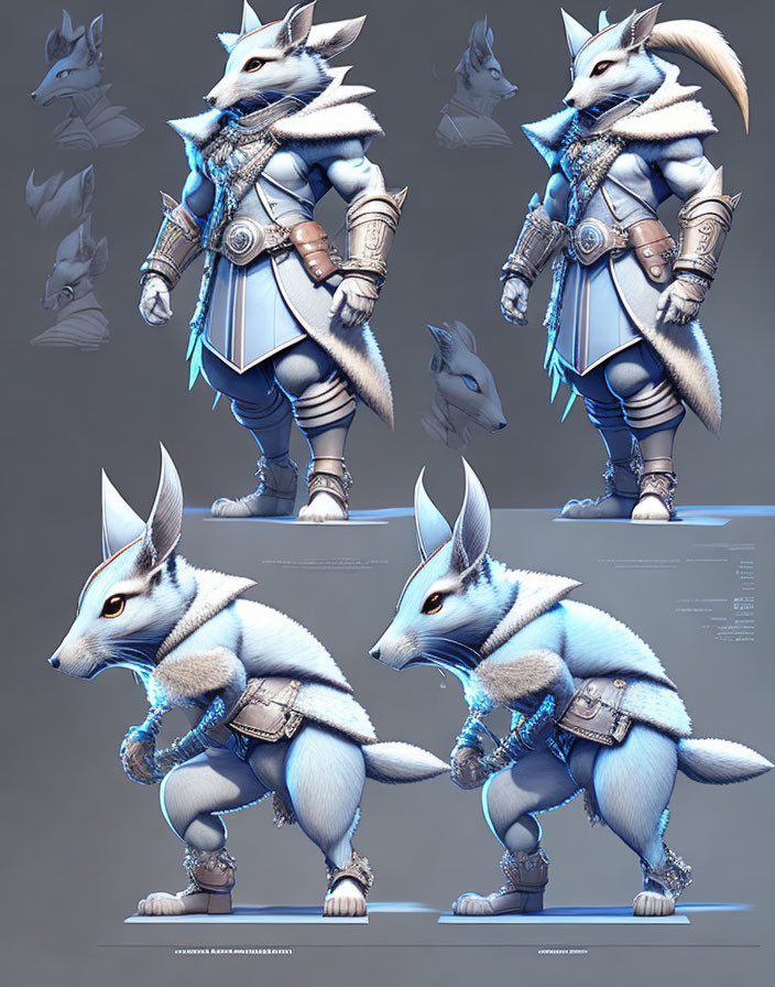 Anthropomorphic Fox Character in Armor Poses and Design Details