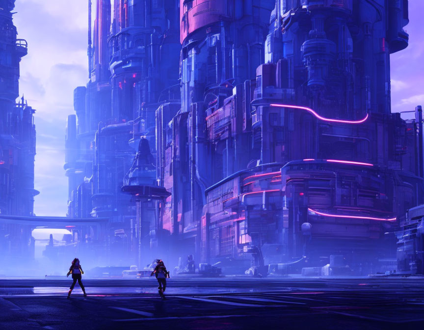 Futuristic city street with two figures under purple sky