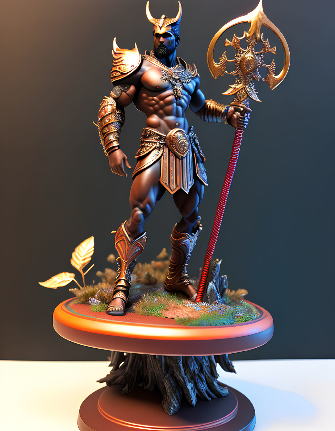 Blue-skinned fantasy warrior statue in ornate gold-trimmed armor with double-bladed axe on