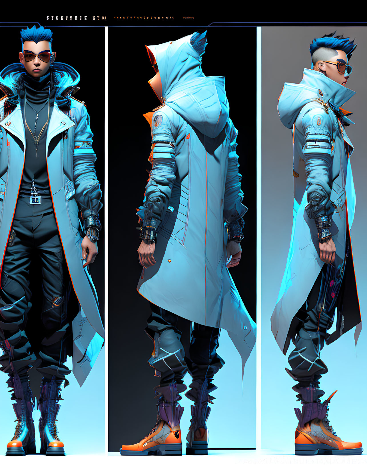 Futuristic character in stylish hooded jacket and orange-tinted glasses posed from three angles