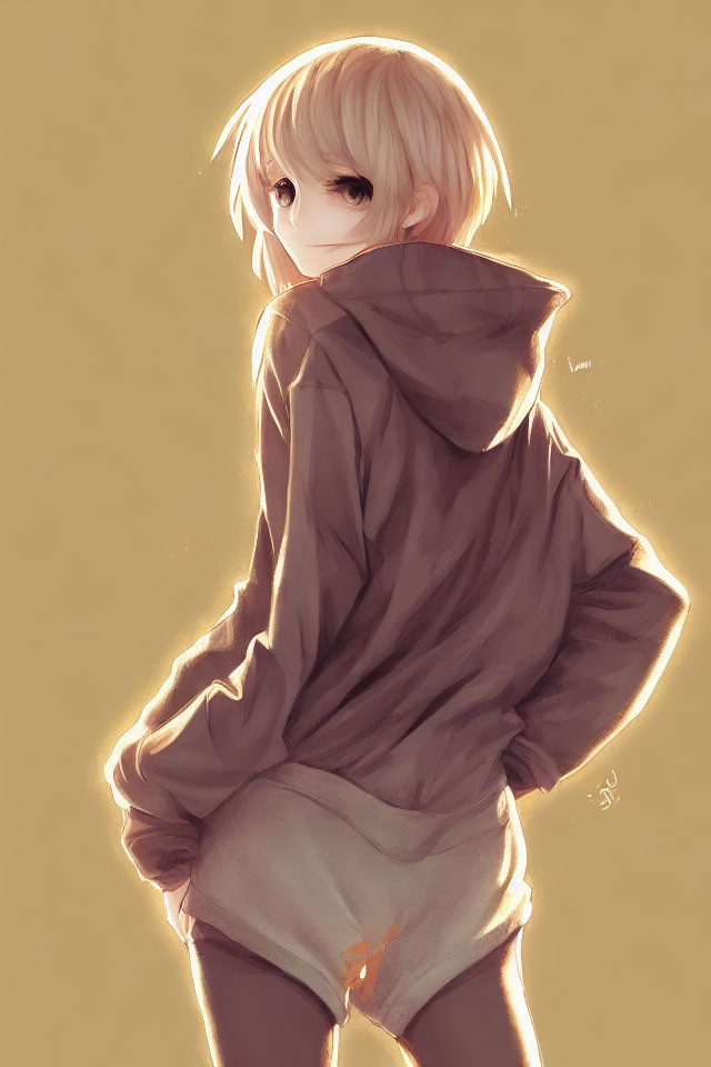 Anime-style illustration: Person in oversized hoodie with light hair on yellow background