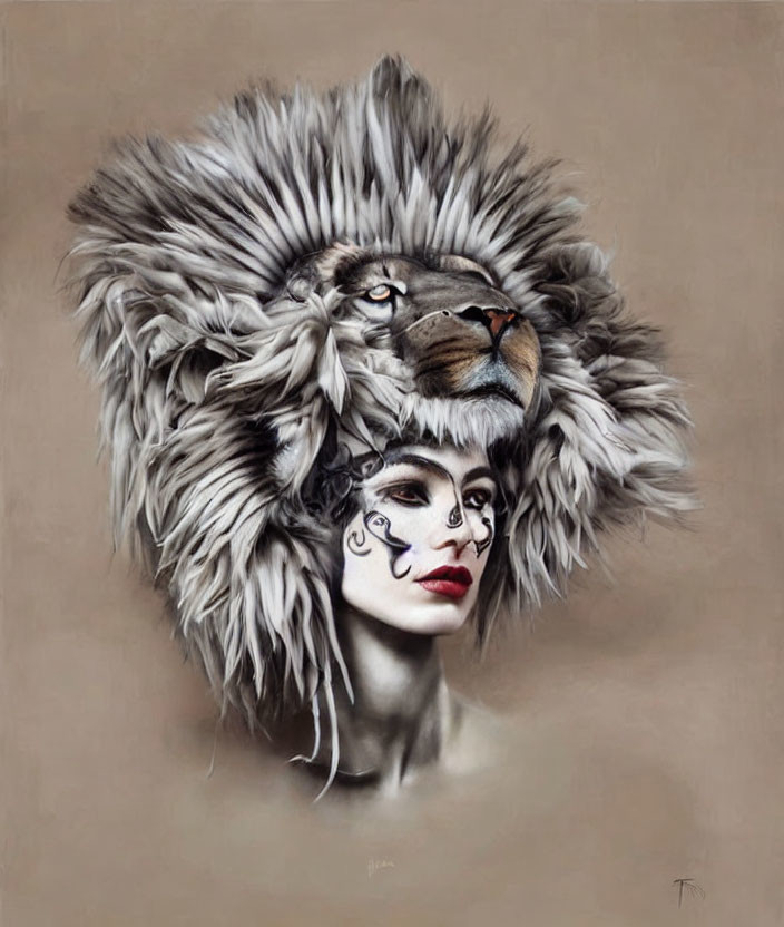 Woman with painted facial markings wearing realistic lion headdress portrait.