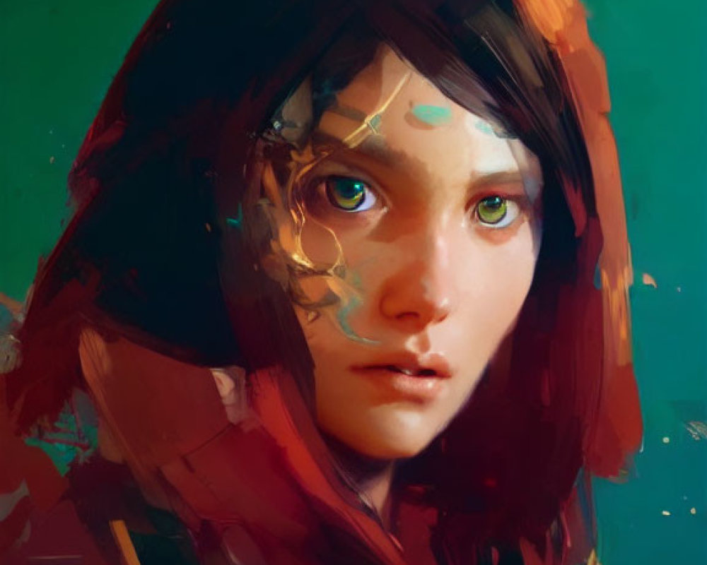 Young Female with Red Hood and Green Eyes in Digital Painting