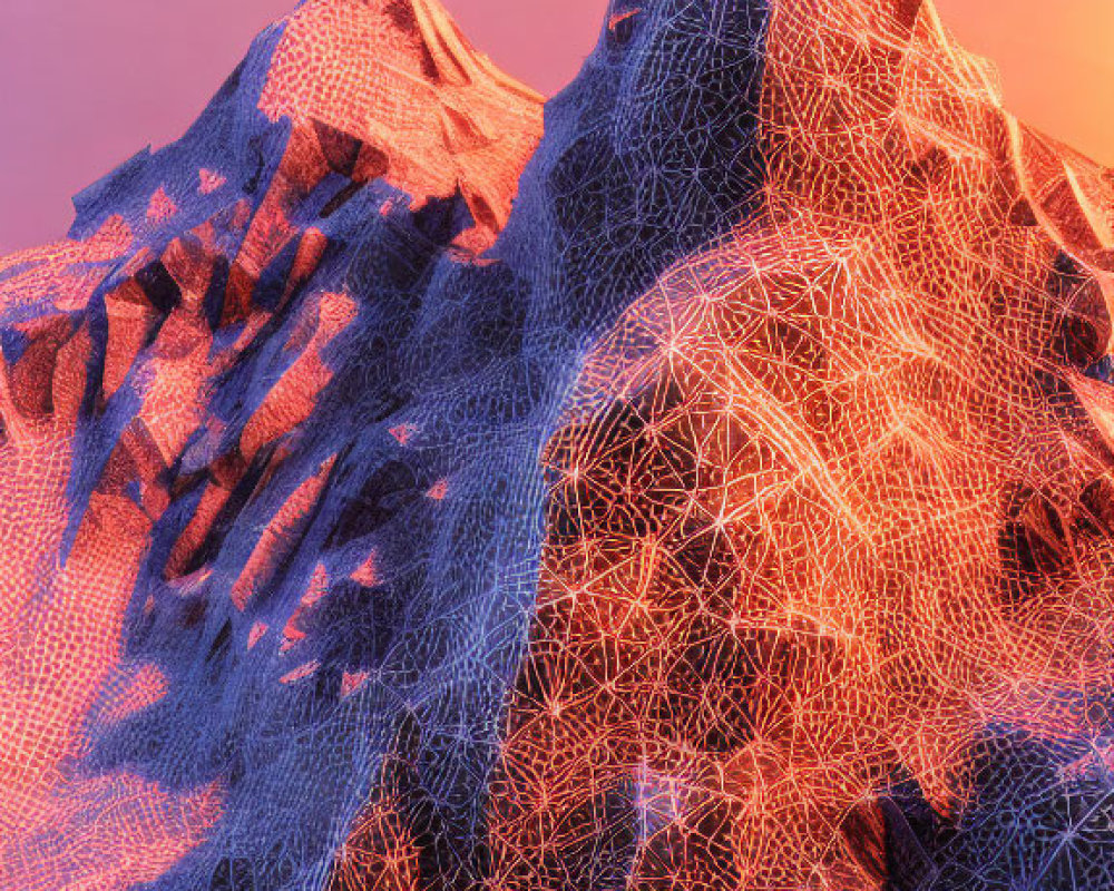 Mountain landscape digital artwork with wireframe textures under pink and orange sky