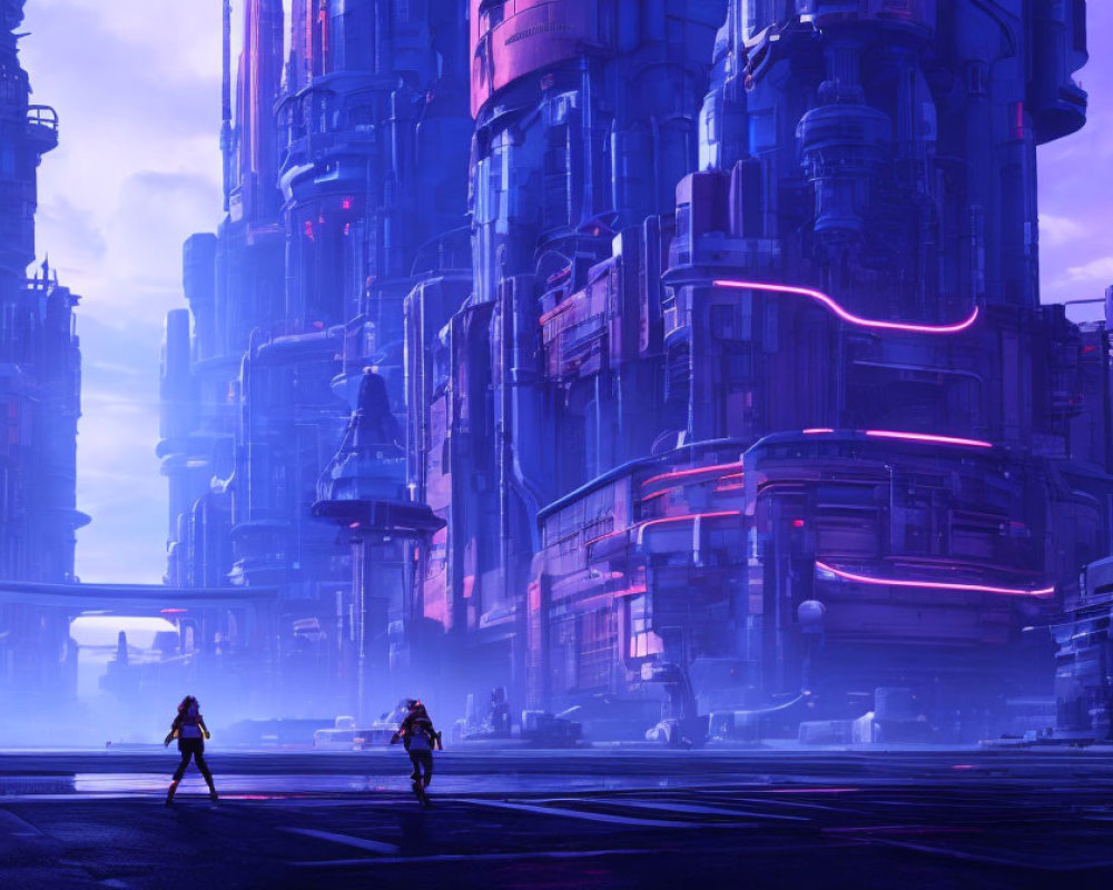 Futuristic city street with two figures under purple sky