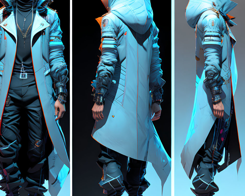 Futuristic character in stylish hooded jacket and orange-tinted glasses posed from three angles