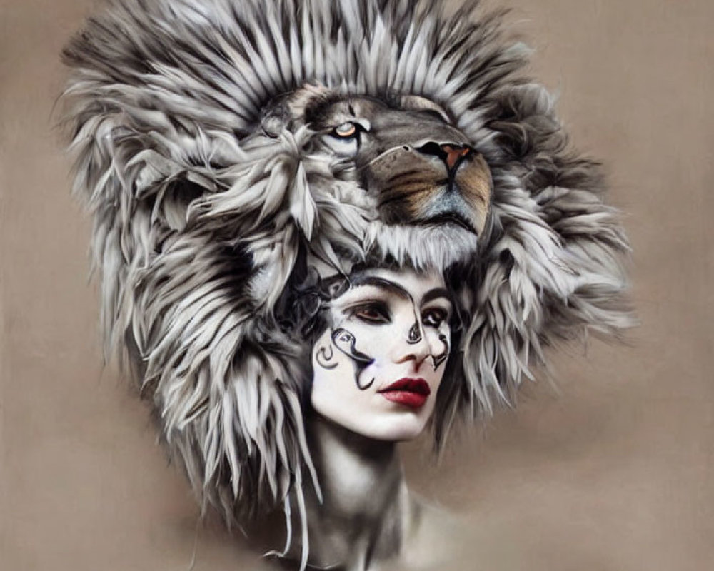 Woman with painted facial markings wearing realistic lion headdress portrait.