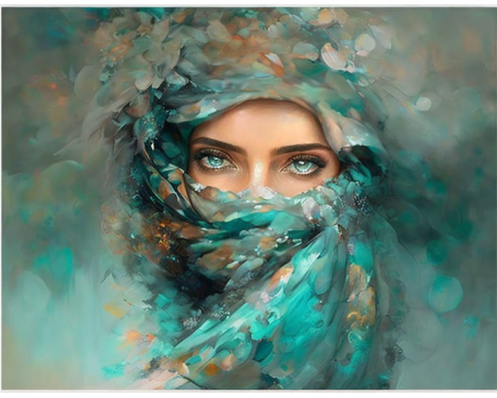 Portrait of Woman with Striking Green Eyes and Turquoise Scarf