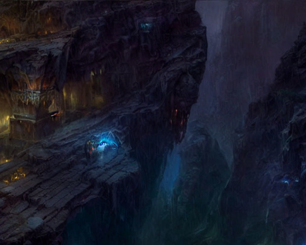 Mystical underground cavern with blue crystals, waterfalls, and ancient ruins