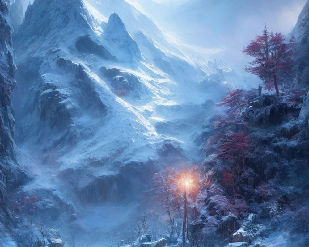 Snowy Mountains Winter Scene with Travelers and Red-Leafed Trees