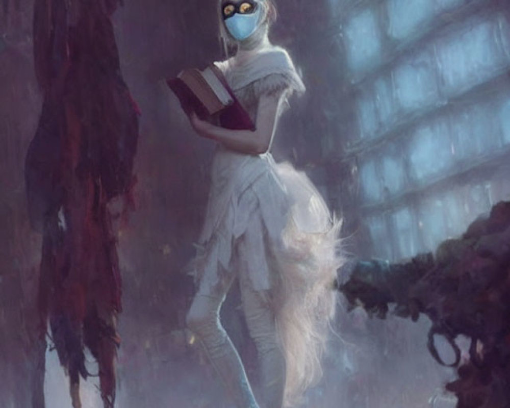 Mystical figure in white with blindfold holding book levitates in foggy setting