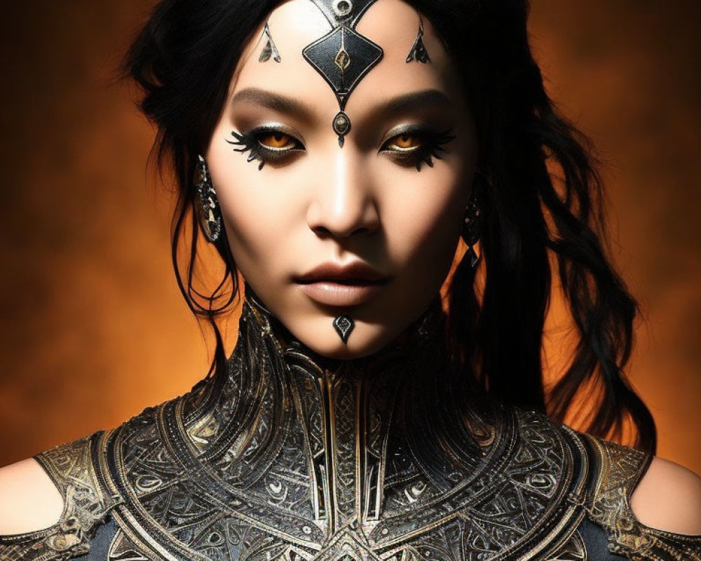 Woman in Dramatic Makeup and Elaborate Head Jewelry Wearing Black and Gold Armor on Amber Background