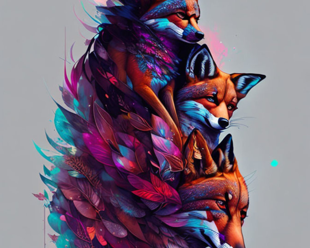 Colorful Feathered Fox Trio Artwork Display