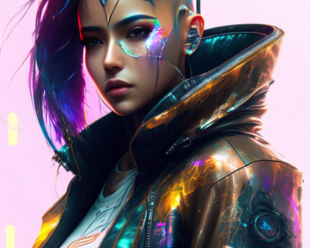 Cyberpunk digital art: Woman with blue hair, face tattoos, headphones, metallic jacket in neon