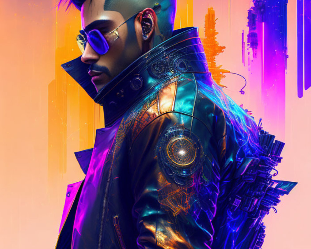 Futuristic neon cyberpunk fashion with abstract city backdrop