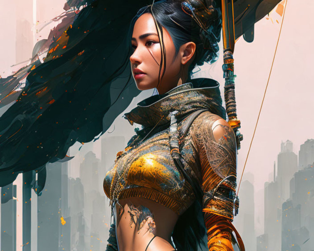 Asian warrior woman digital illustration in ornate armor with spear against futuristic cityscape.