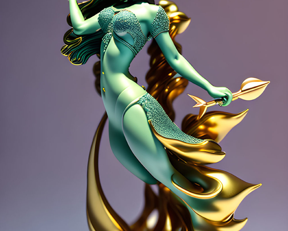 Vibrant digital art: green-skinned mermaid statue with trident and leaf on purple background