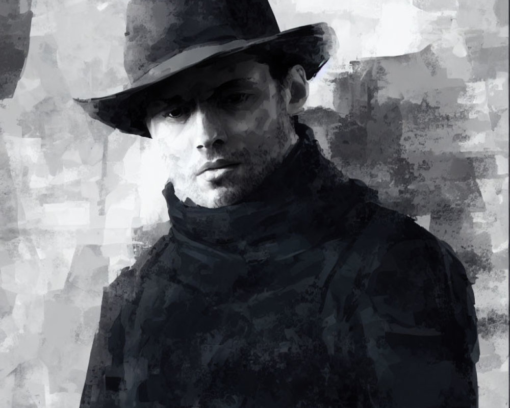 Monochrome art: Man in hat and high-collared jacket with serious expression