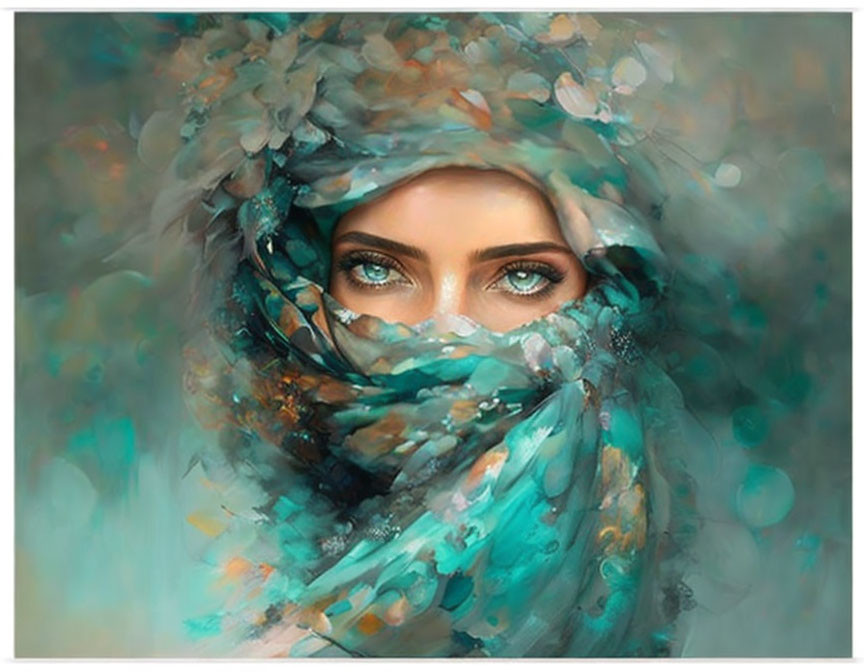 Portrait of Woman with Striking Green Eyes and Turquoise Scarf