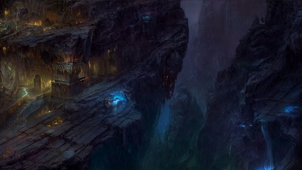 Mystical underground cavern with blue crystals, waterfalls, and ancient ruins