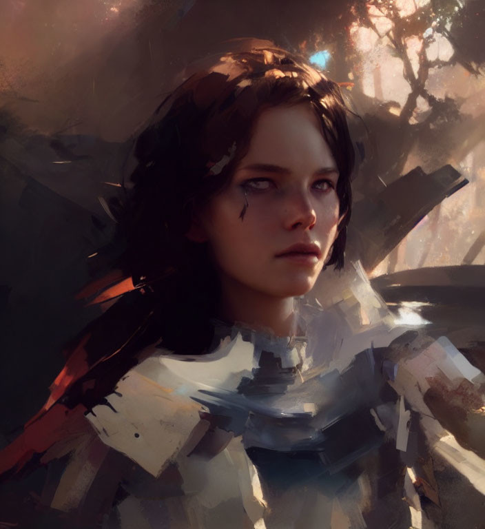 Digital painting of young woman in white medieval armor with forest backdrop