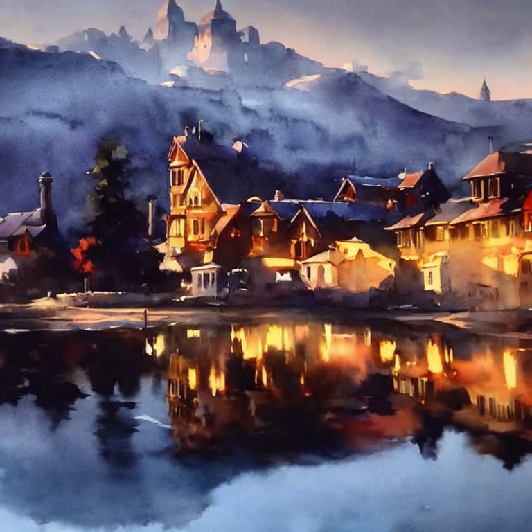 Twilight European village watercolor painting with river, mountains, and castle