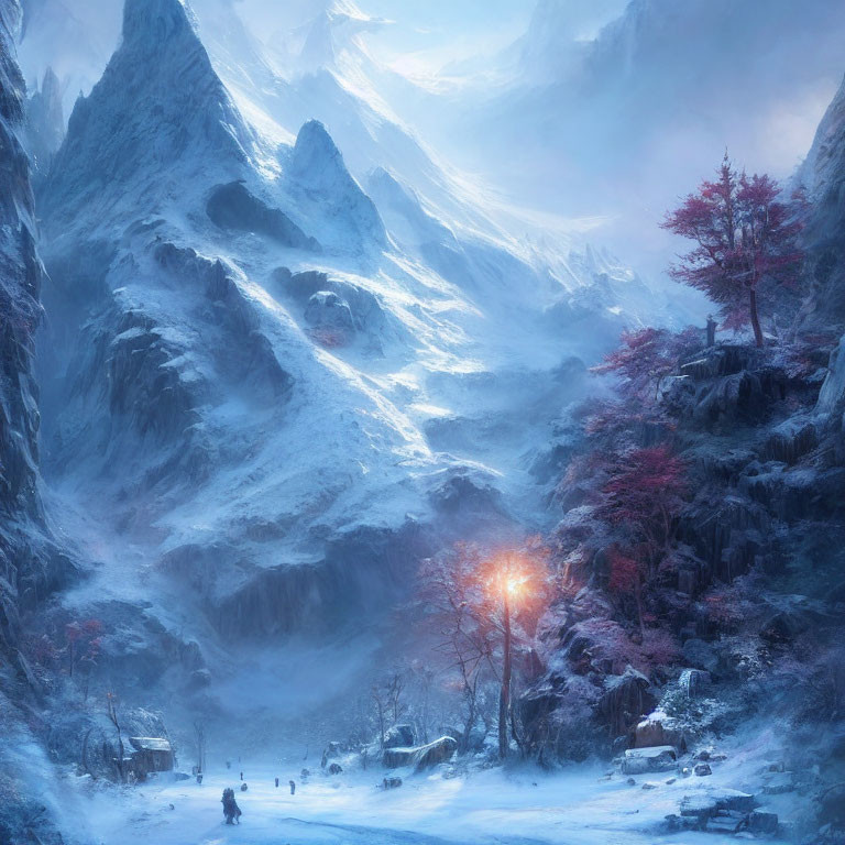 Snowy Mountains Winter Scene with Travelers and Red-Leafed Trees