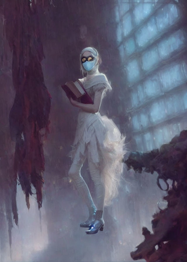 Mystical figure in white with blindfold holding book levitates in foggy setting