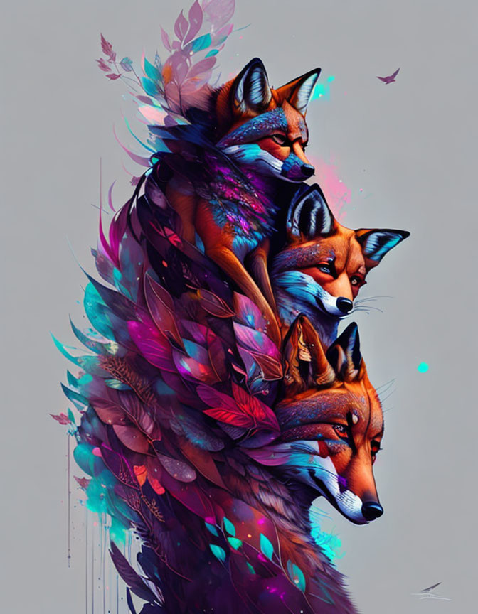 Colorful Feathered Fox Trio Artwork Display