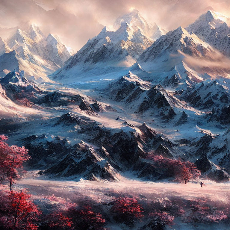 Snow-capped mountain peaks and pink-leaved trees in stunning landscape.