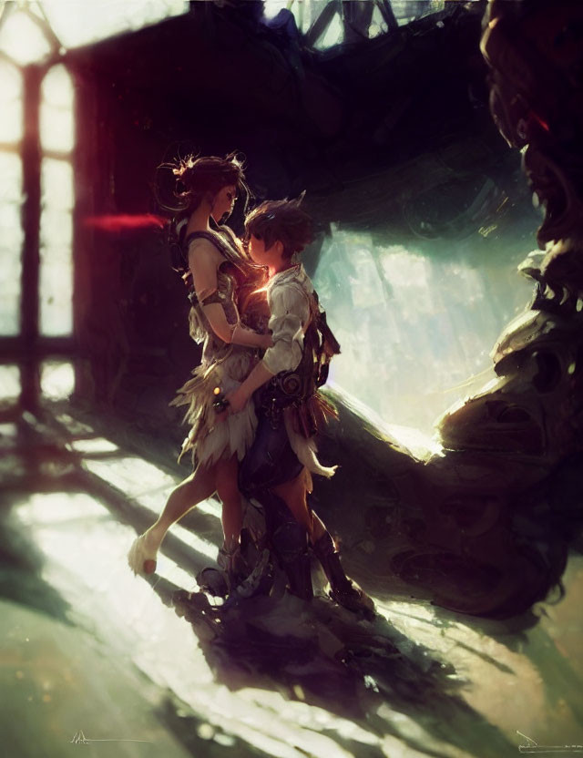 Fantasy realm animated characters in loving gaze under soft light