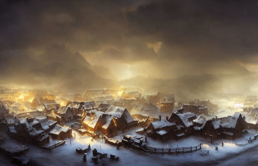 Snowy village night scene with warm window lights and distant mountains under cloudy sky.