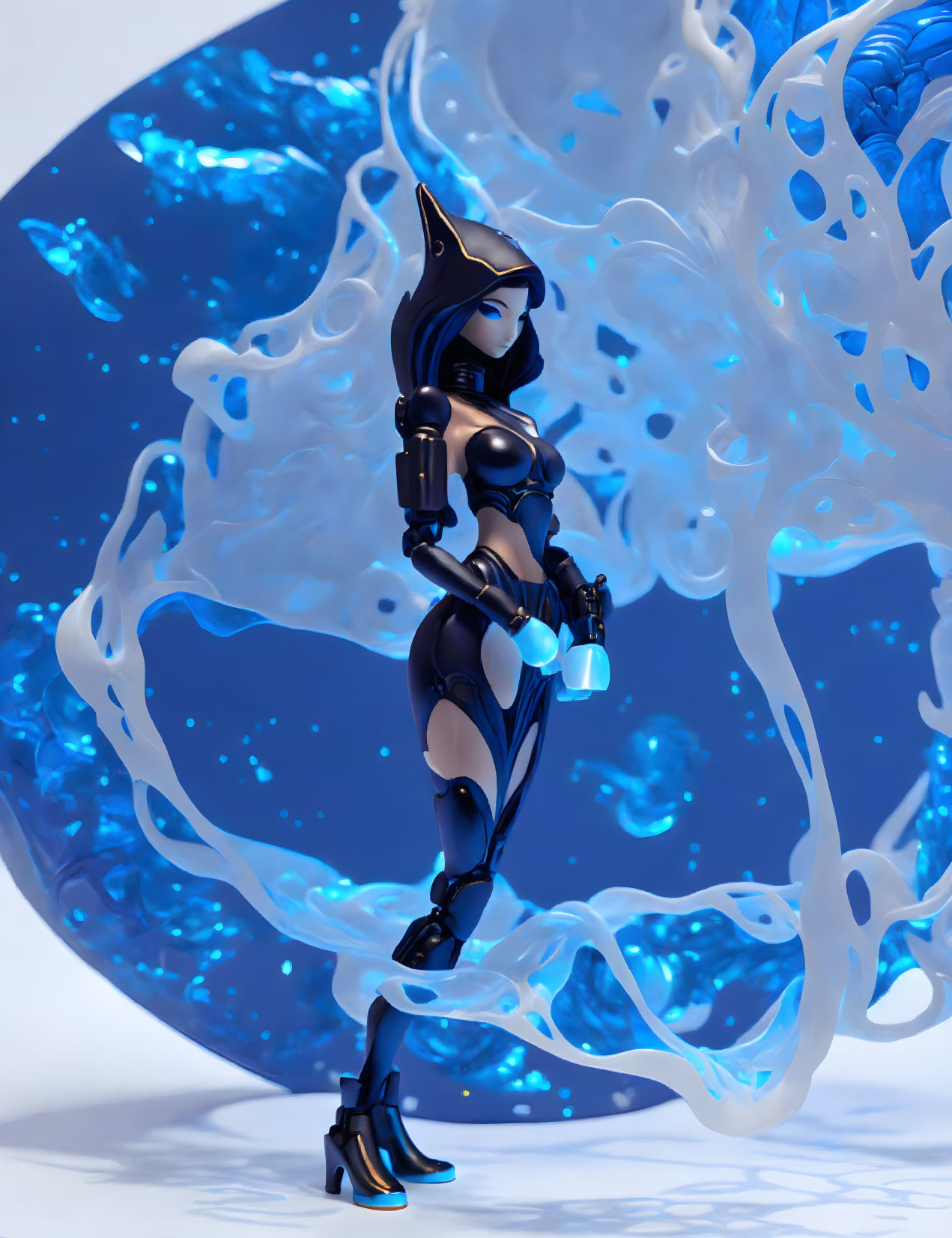 3D illustration of female figure in black armor with glowing blue elements