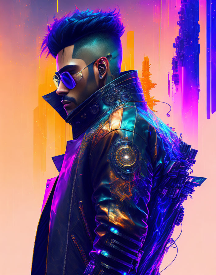 Futuristic neon cyberpunk fashion with abstract city backdrop