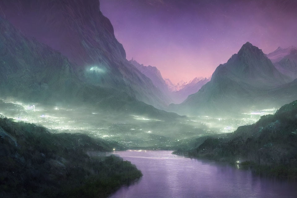 Fantasy landscape: Glowing city lights, mountains, twilight sky, calm river