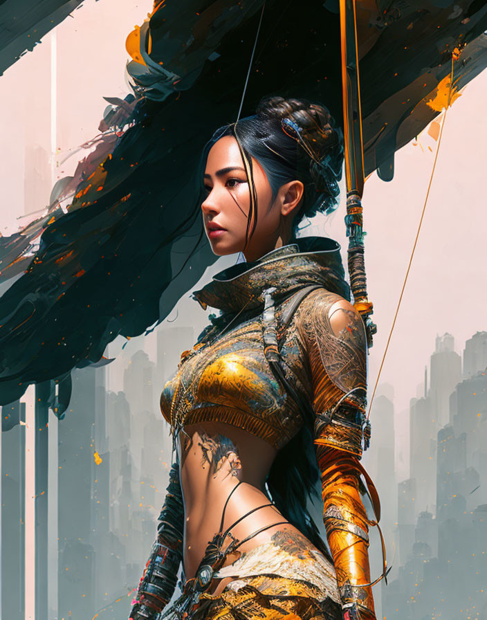 Asian warrior woman digital illustration in ornate armor with spear against futuristic cityscape.
