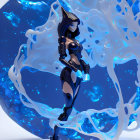 3D illustration of female figure in black armor with glowing blue elements