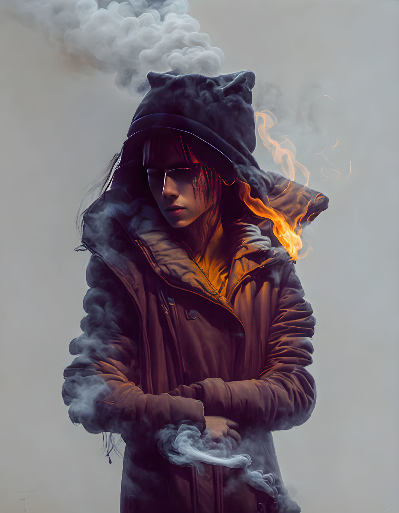 Person in Cat-Ear Hoodie with Sunglasses in Smoke and Flames