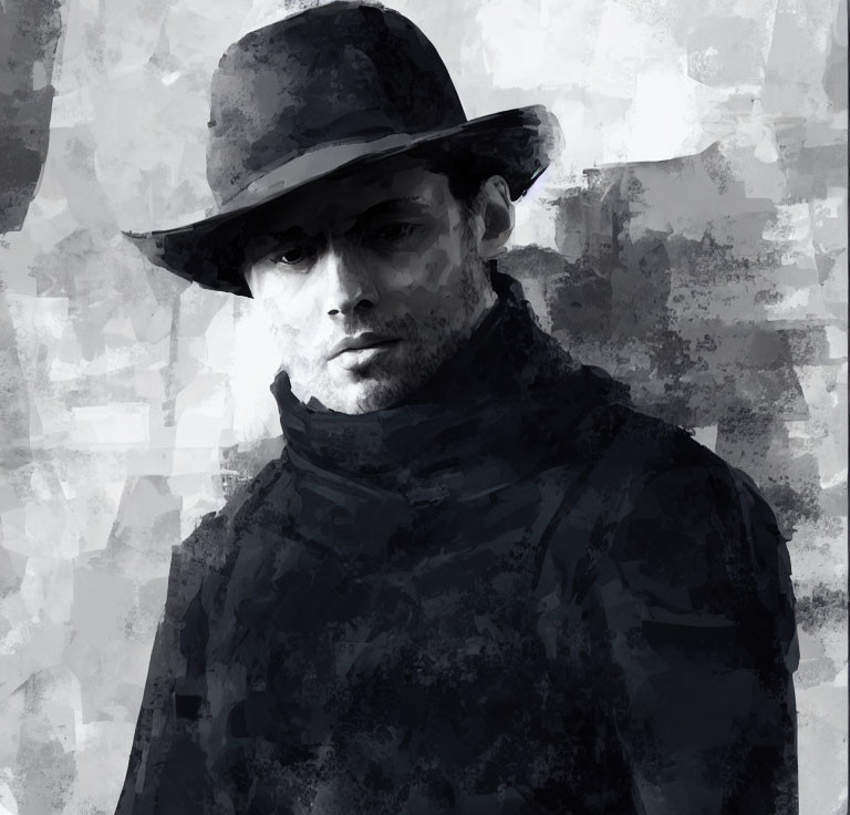 Monochrome art: Man in hat and high-collared jacket with serious expression