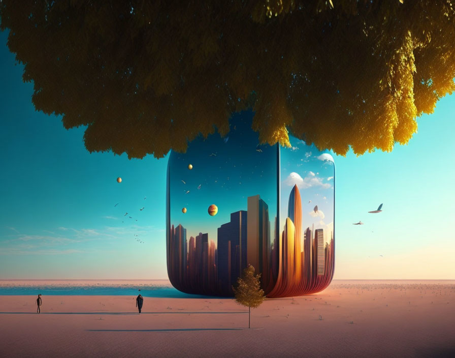 Transparent bubble encases city skyline in surreal landscape