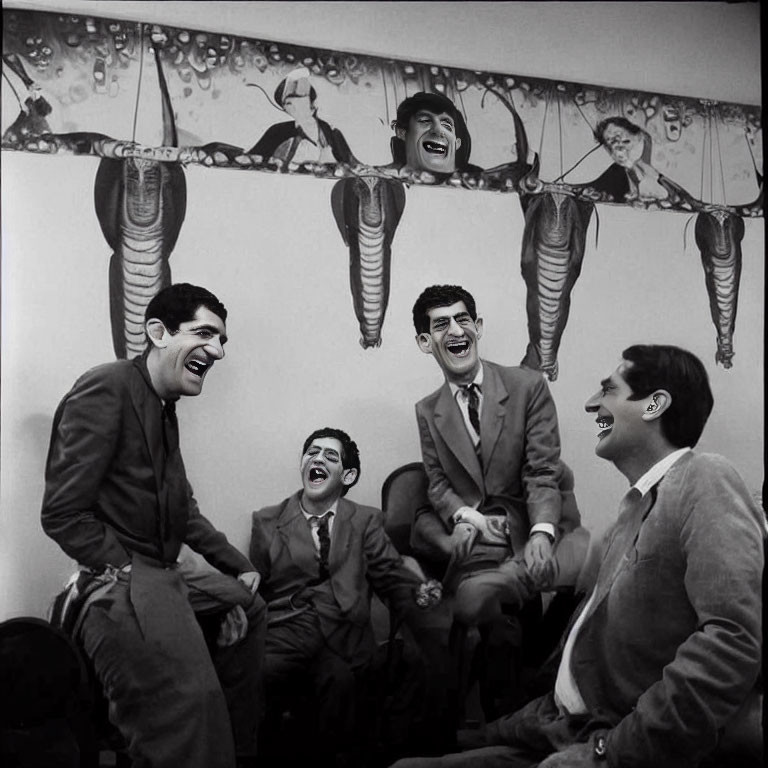 Four men laughing in front of backdrop with man in multiple poses